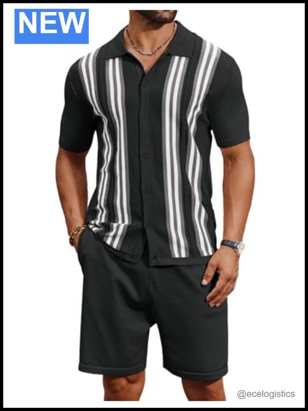 Men's Vintage Knit 2 Piece Short Set Polo Shirt & Beach Shorts